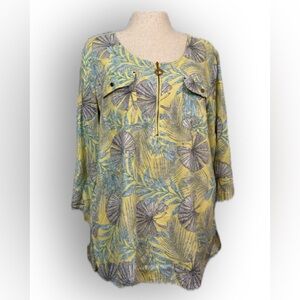 Floral Yellow and Blue Women's Tunic Linen Blend, Metal quarter Zipper